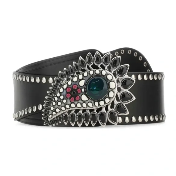 ISABEL MARANT Aliette Black Studded Leather Belt with Stone Accents NEW - 75cm - Picture 9 of 9